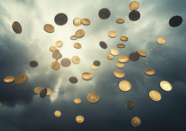 A surreal composition of floating coins in a cloudy sky defying gravity The camera angle is from