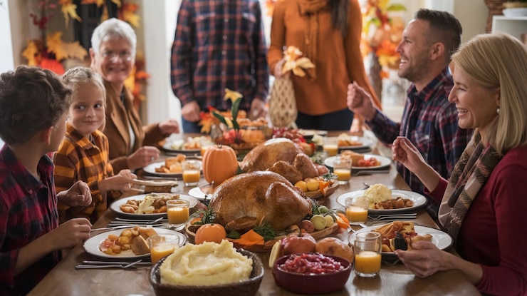 Fotografie a table full of food including a turkey turkey and turkey