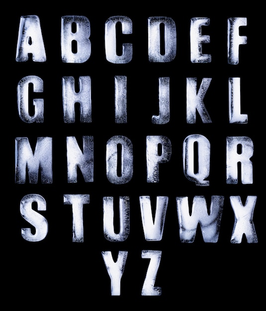 a to z frozen water in the shape of the alphabet isolated on black background
