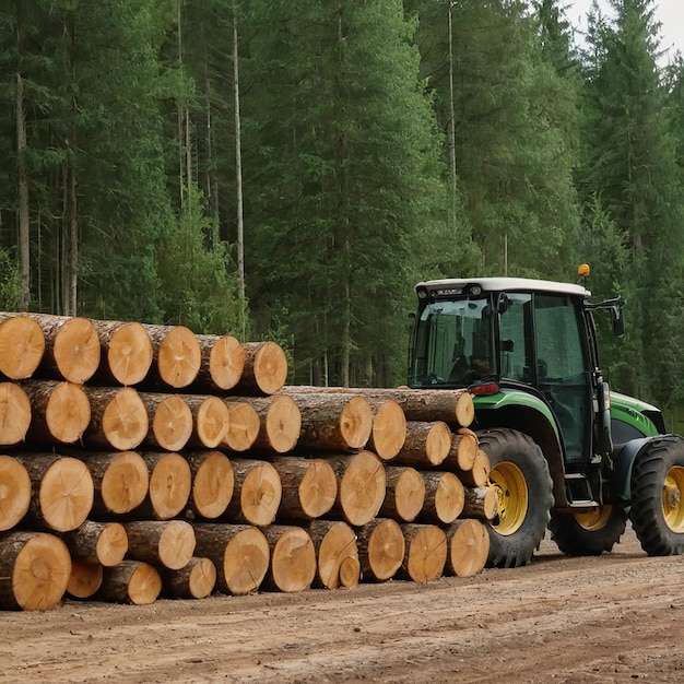 A tractor with a trailer of logs on it is carrying logs