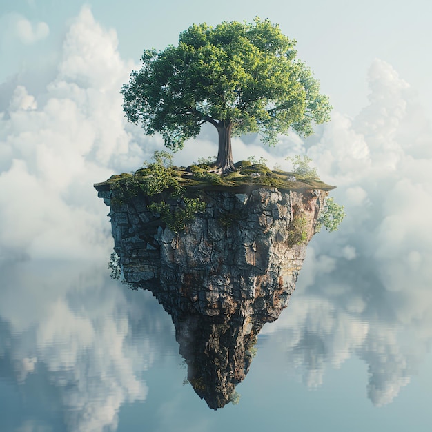 a tree on a floating rock