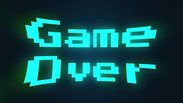 A videogame ending screen with text Game over 3d rendering Computer generated text in 8bit retro background
