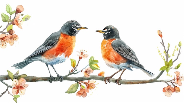 a watercolor painting of two birds on a branch