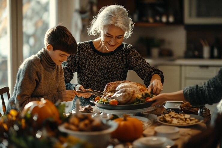 Fotografie a woman and child are preparing a thanksgiving meal