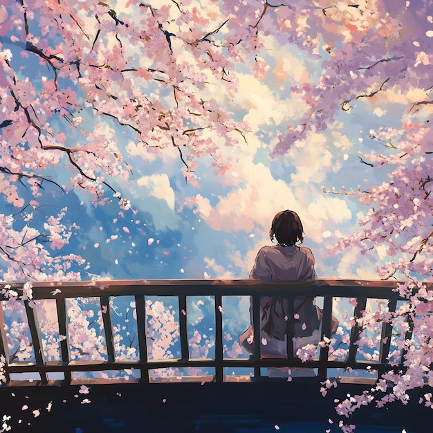a woman contemplates under the cherry blossoms