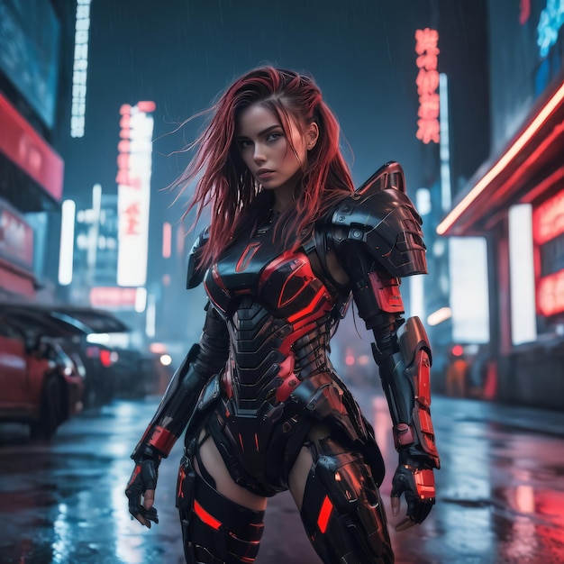 a woman in a black and red outfit stands in the rain
