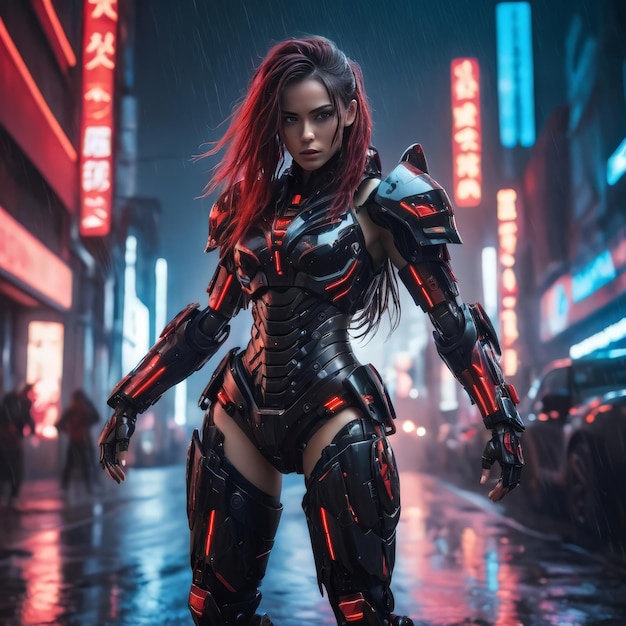 a woman in a cosplay with a neon sign behind her