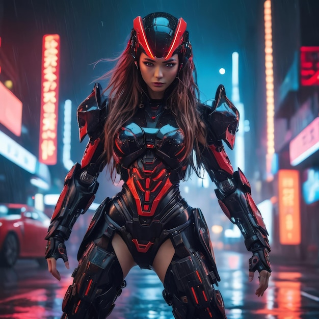 a woman in a red and black costume is walking down a wet street