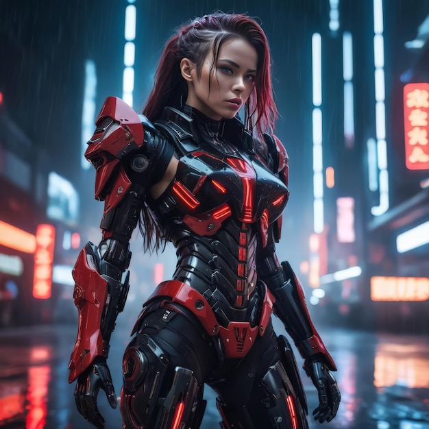 a woman in a red and black suit stands in the rain