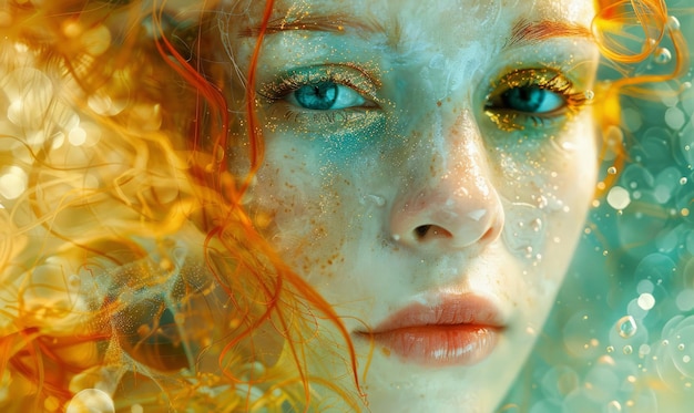 a woman in blue paint with red hair looks at the camera