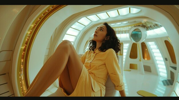 a woman is sitting on a floor with a yellow dress on
