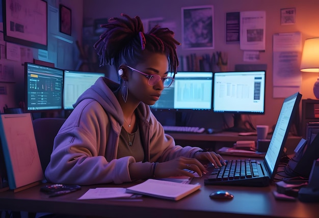 a woman is working on a computer with a keyboard and monitor showing a computer screen