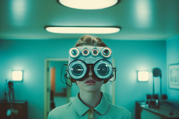 a woman wearing a camera with the word radio on it