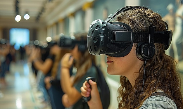 a woman wearing a virtual reality headset looks at the camera