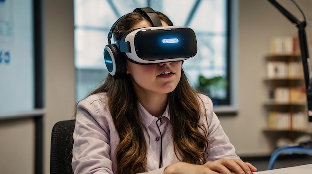 a woman wearing a virtual reality headset with a blue light on it