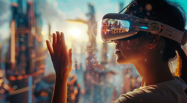 a woman wearing a vr headset stands in front of a blurred cityscape at night