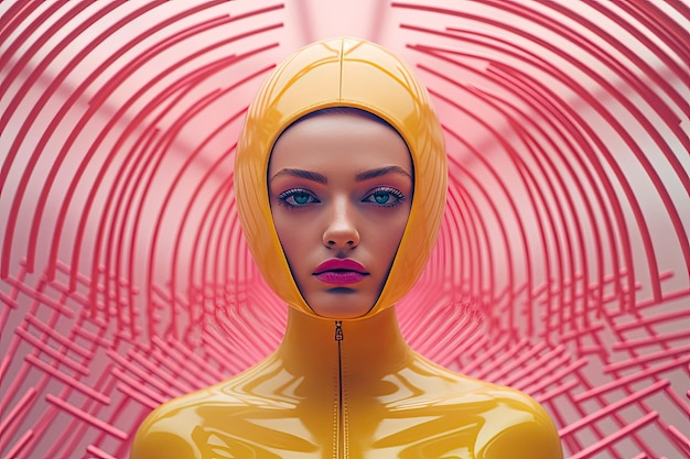 a woman wearing a yellow hijab and a pink background