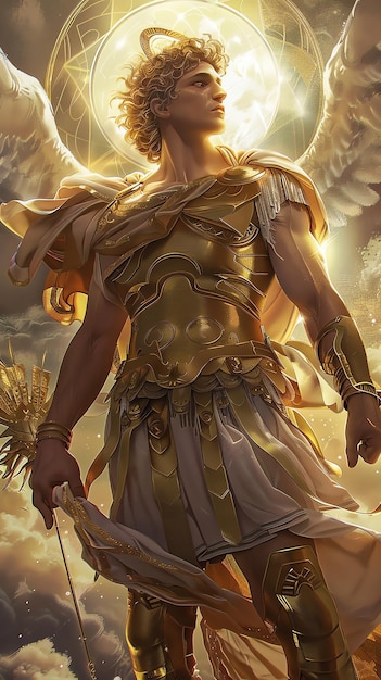a woman with an angel on her chest is standing in the clouds