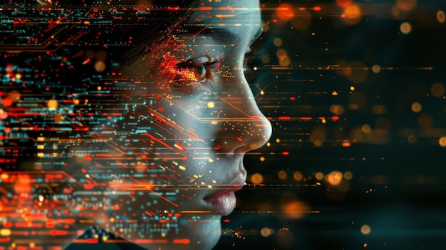 A woman39s face is shown in a computer generated image with a lot of red and orange colors The image