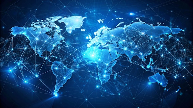 A world map with illuminated communication lines on a dark background