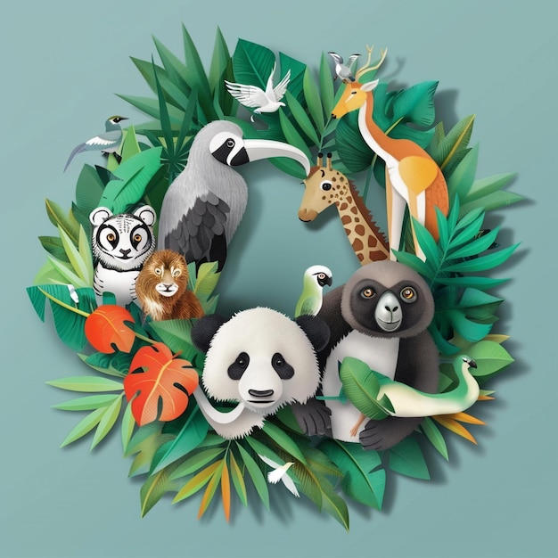 a wreath with animals and animals around it