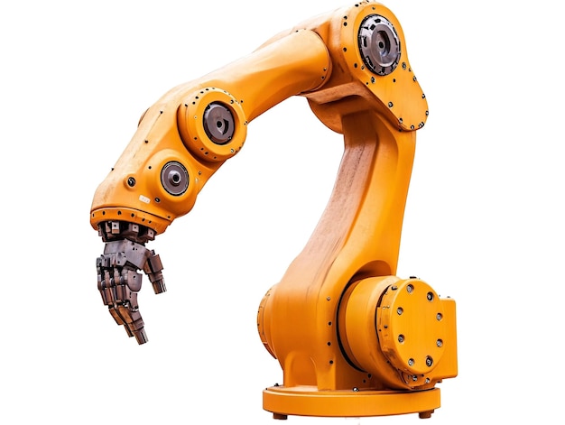 a yellow robotic arm with a white background