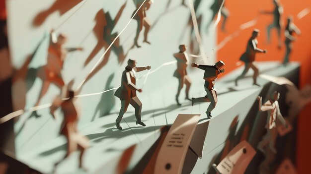 abstract 3d art piece of tiny stylized figures running on a path with lines connecting them