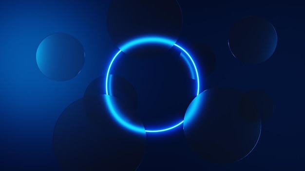 abstract 3d background with ring light and glass circles hover a blue wall for product display