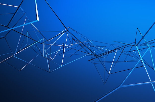 Abstract 3d rendering of chaotic metal structure Blue background with chrome lines in empty space Futuristic steel shape