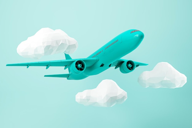 Abstract airplane flying among polygonal clouds on a turquoise background 3D Rendering
