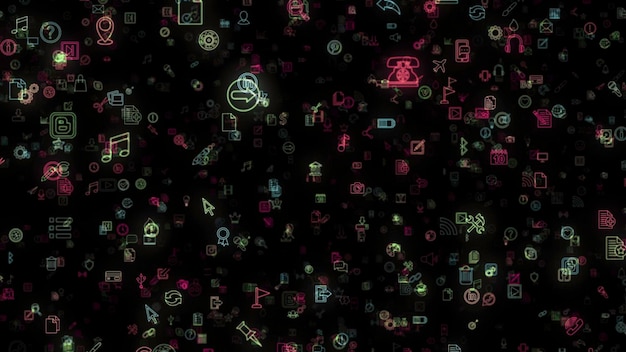 abstract animation of multicolored neon social media network emojis icons appearing on the black