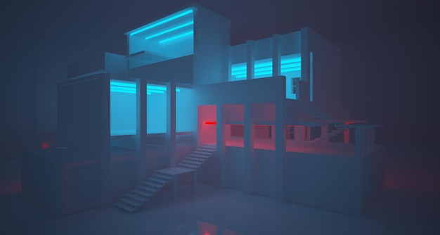 abstract architectural concrete and white interior of a minimalist house with color gradient neon