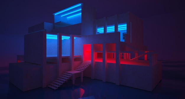 abstract architectural concrete and white interior of a minimalist house with color gradient neon