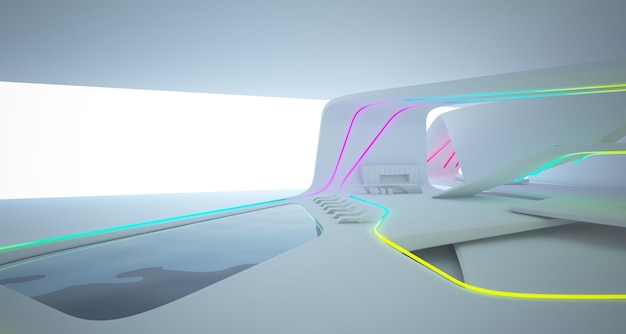 abstract architectural white interior of a modern villa on the sea with colored neon lighting 3d