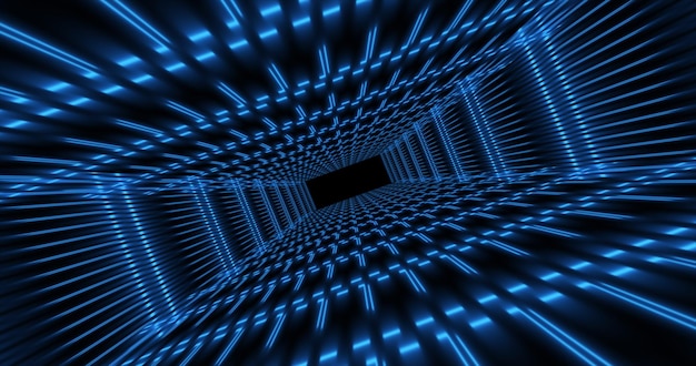 Abstract blue futuristic tunnel square rectangular grid of glowing neon lines digital beautiful