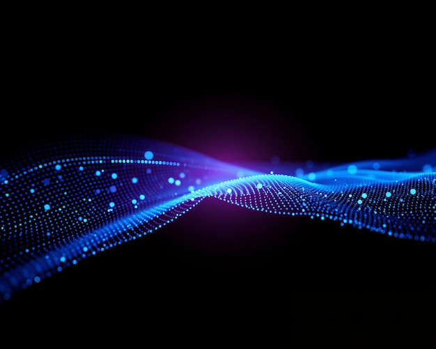 Abstract blue glowing particles wave on black background digital technology concept