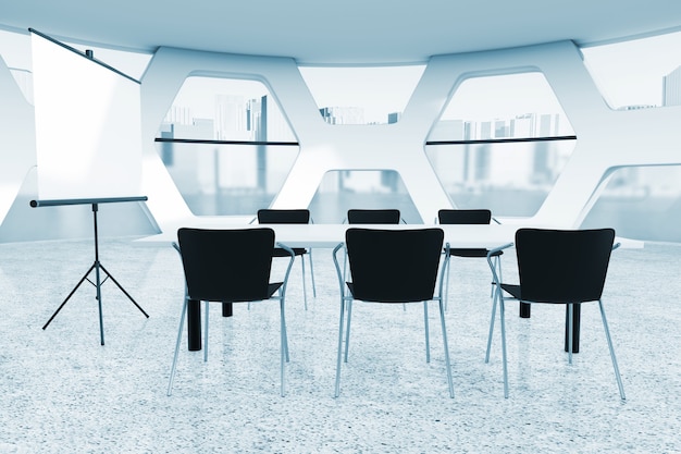 Abstract Bright Office Meeting Room extreme closeup in blue key. 3d Rendering