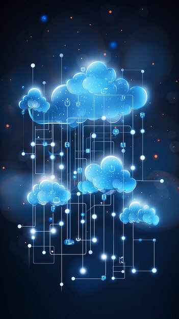 Abstract cloud computing concept with glowing lines and connected clouds
