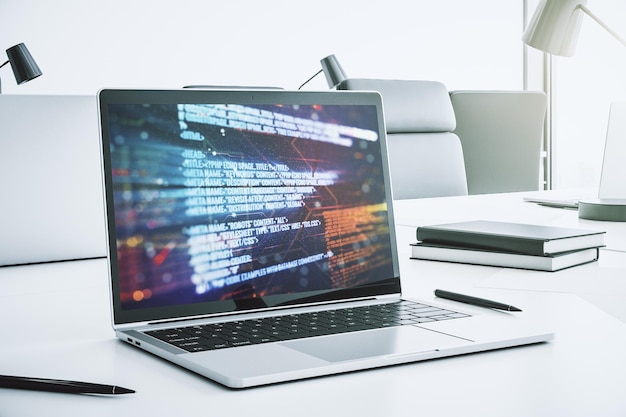 Abstract creative coding concept on modern laptop screen 3D Rendering
