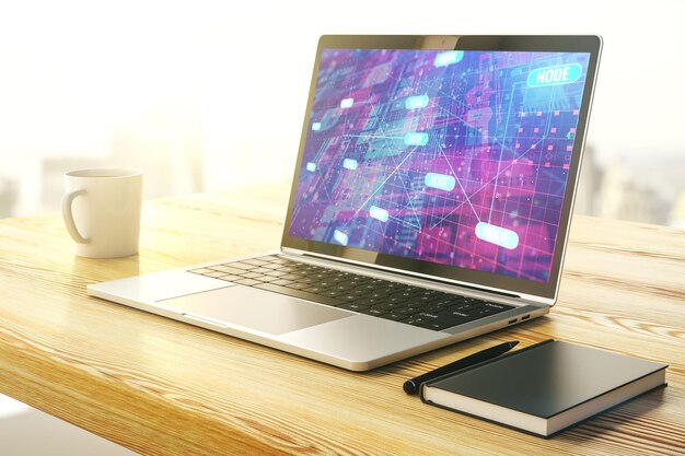 Abstract creative coding concept on modern laptop screen 3D Rendering