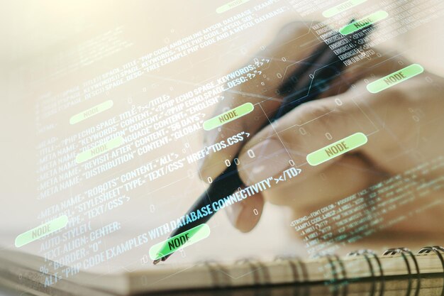Abstract creative coding concept with man hand writing in notebook on background Multiexposure