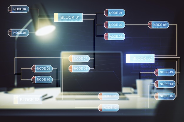 Abstract creative coding illustration on modern computer background software development concept Multiexposure