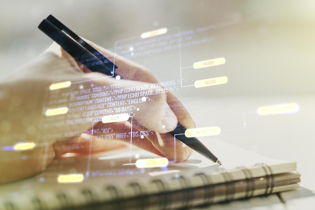 Abstract creative coding illustration with man hand writing in diary on background software development concept Multiexposure