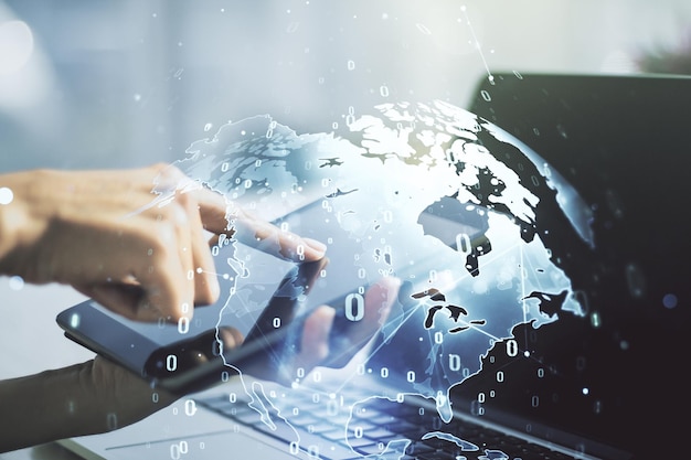 abstract creative coding illustration with world map and finger clicks on a digital tablet on background international software development concept multiexposure