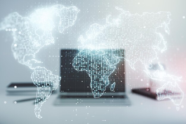 Abstract creative world map on modern laptop background international trading concept Multiexposure