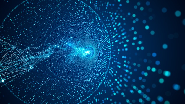 Abstract digital network background. Digital data tunnel, made of digital nodes. Futuristic technology abstract background with lines for network, big data, data center, server, internet, speed.