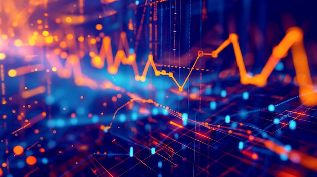 Abstract financial background featuring a glowing line graph data points and a grid pattern representing financial analysis and stock market trends