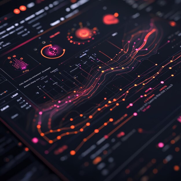 Abstract Futuristic Digital Interface with Data Analysis and Network Visualization