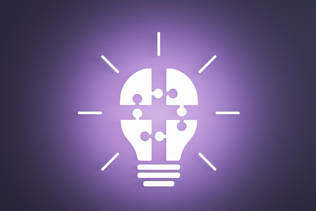 Abstract glowing white puzzle light bulb on purple background. Completing business idea.