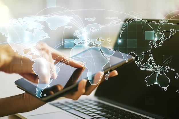 abstract graphic digital world map with connections and finger presses on a digital tablet on background globalization concept multiexposure